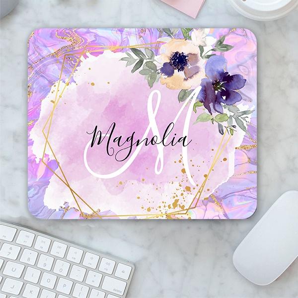 Personalize Floral Purple, Pink & Gold Rainbow Marble Monogram Customized Printed Rectangle Mousepad Photo Mouse Pad with any Image, Text, Logo or Design of your choice.