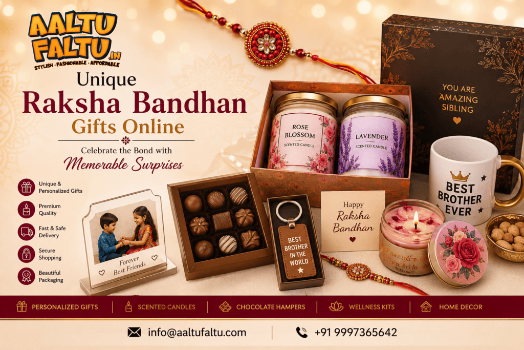 Raksha Bandhan gift banner featuring luxury scented candles, personalized gift hampers, chocolates, greeting cards, and festive decorations