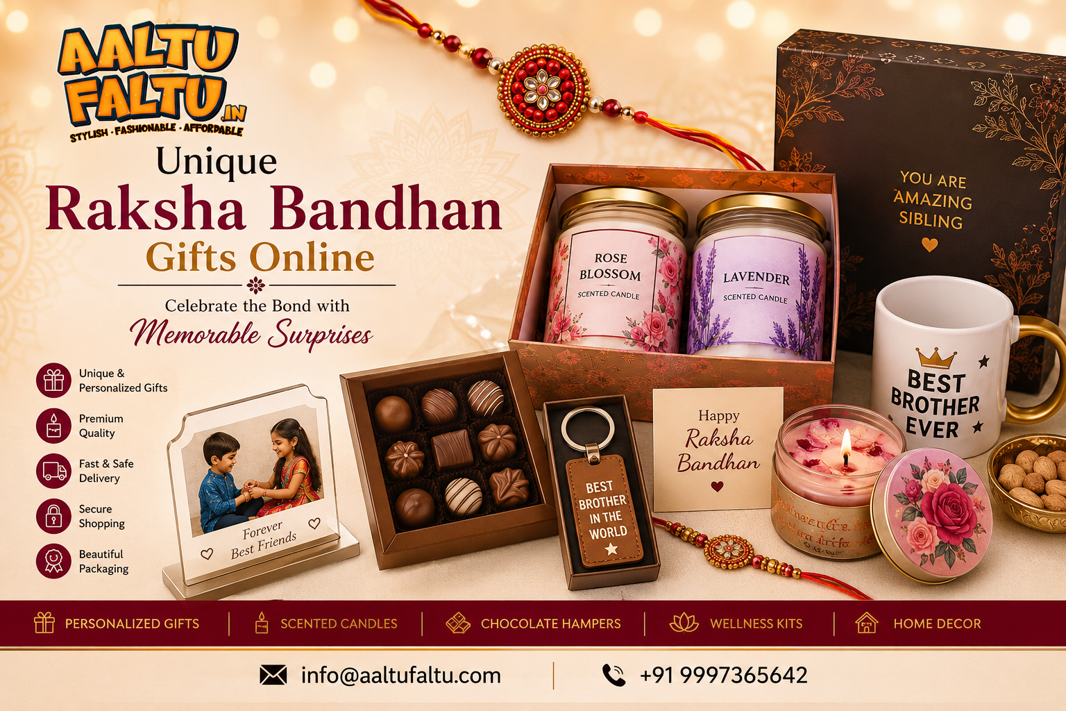 Raksha Bandhan gift banner featuring luxury scented candles, personalized gift hampers, chocolates, greeting cards, and festive decorations