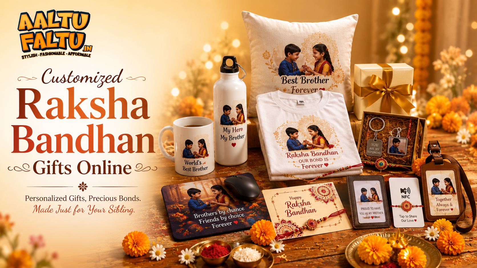Customized Raksha Bandhan gifts online including personalized mugs, pillows, T-shirts, keychains, bottles, mousepads, NFC cards, and unique Rakhi gifts.