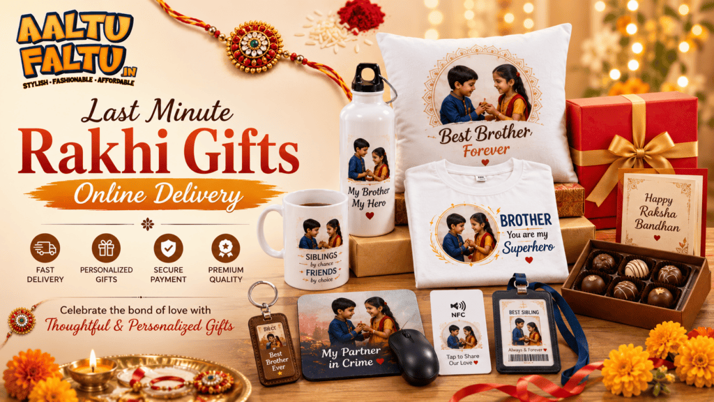 Last minute Rakhi gifts online delivery featuring personalized mugs, T-shirts, pillows, keychains, bottles, mousepads, and customized gift boxes.