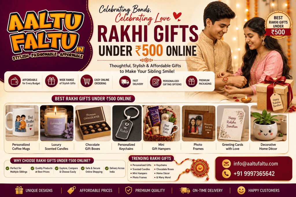 Affordable Rakhi gifts under ₹500 online including personalized mugs, chocolates, candles, gift hampers, and festive Raksha Bandhan presents.