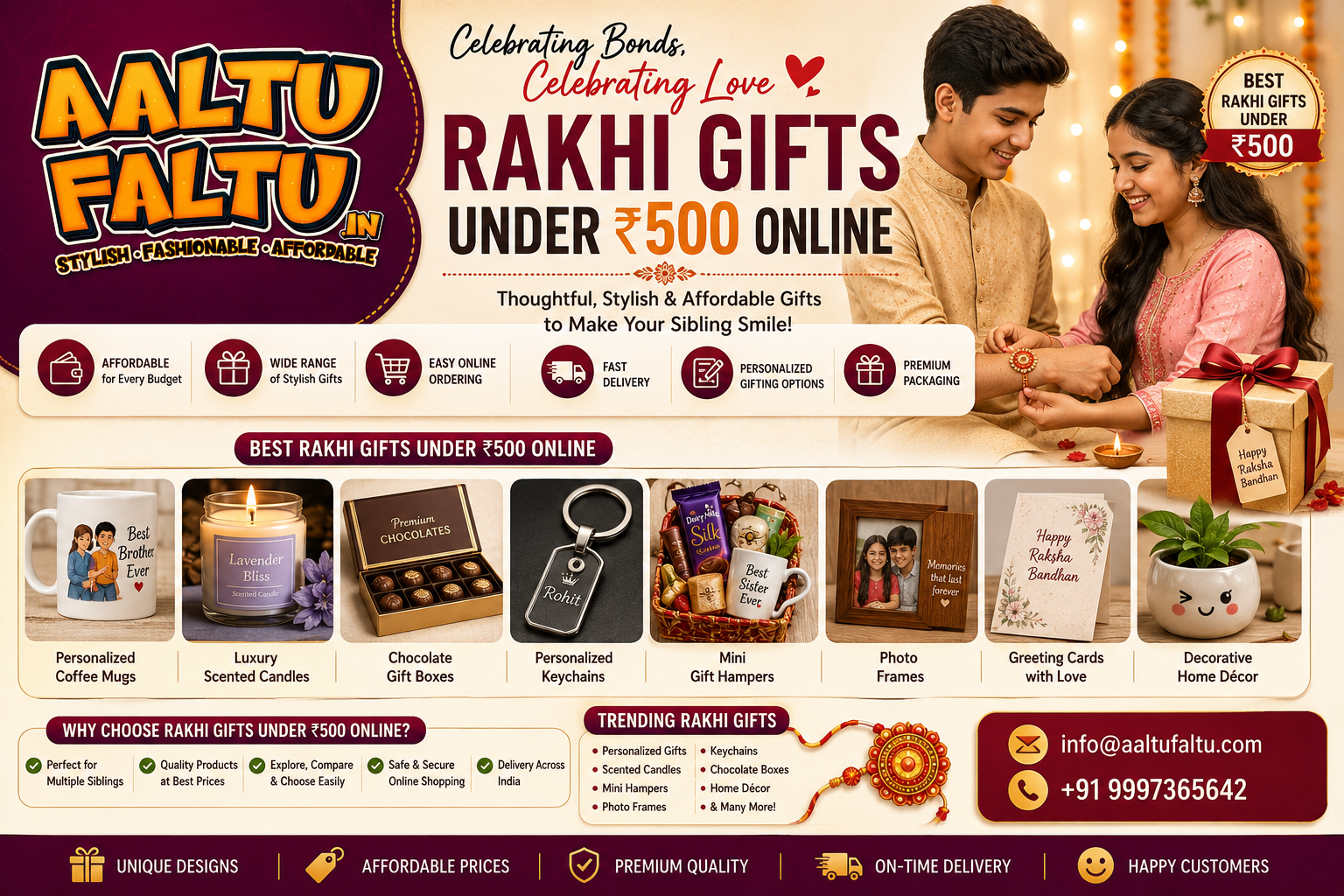 Affordable Rakhi gifts under ₹500 online including personalized mugs, chocolates, candles, gift hampers, and festive Raksha Bandhan presents.